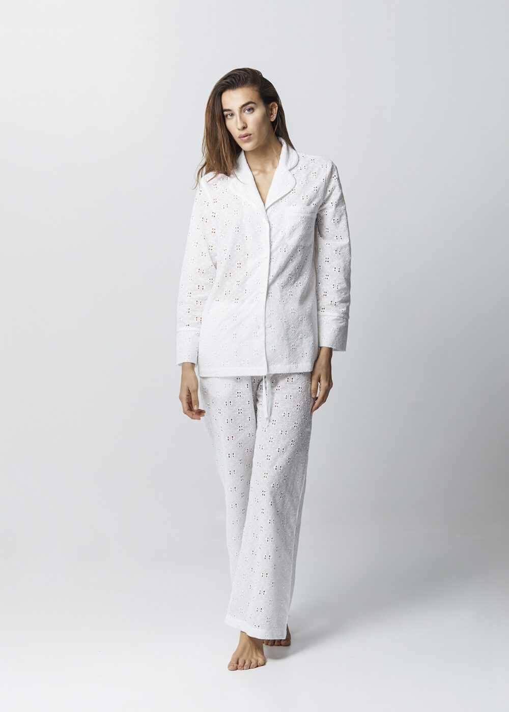 Pigiama lungo donna sangallo bianco 100% cotone