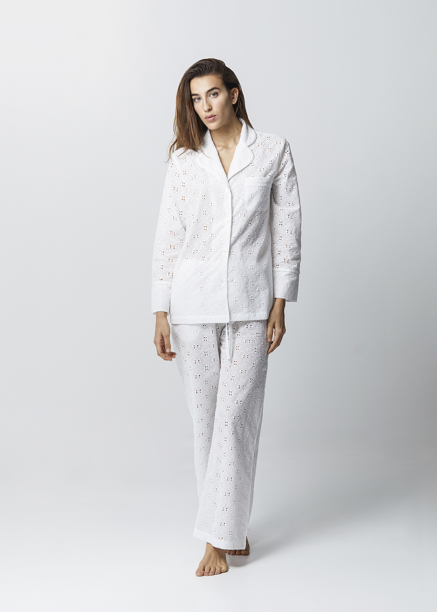 Pigiama lungo donna sangallo bianco 100% cotone