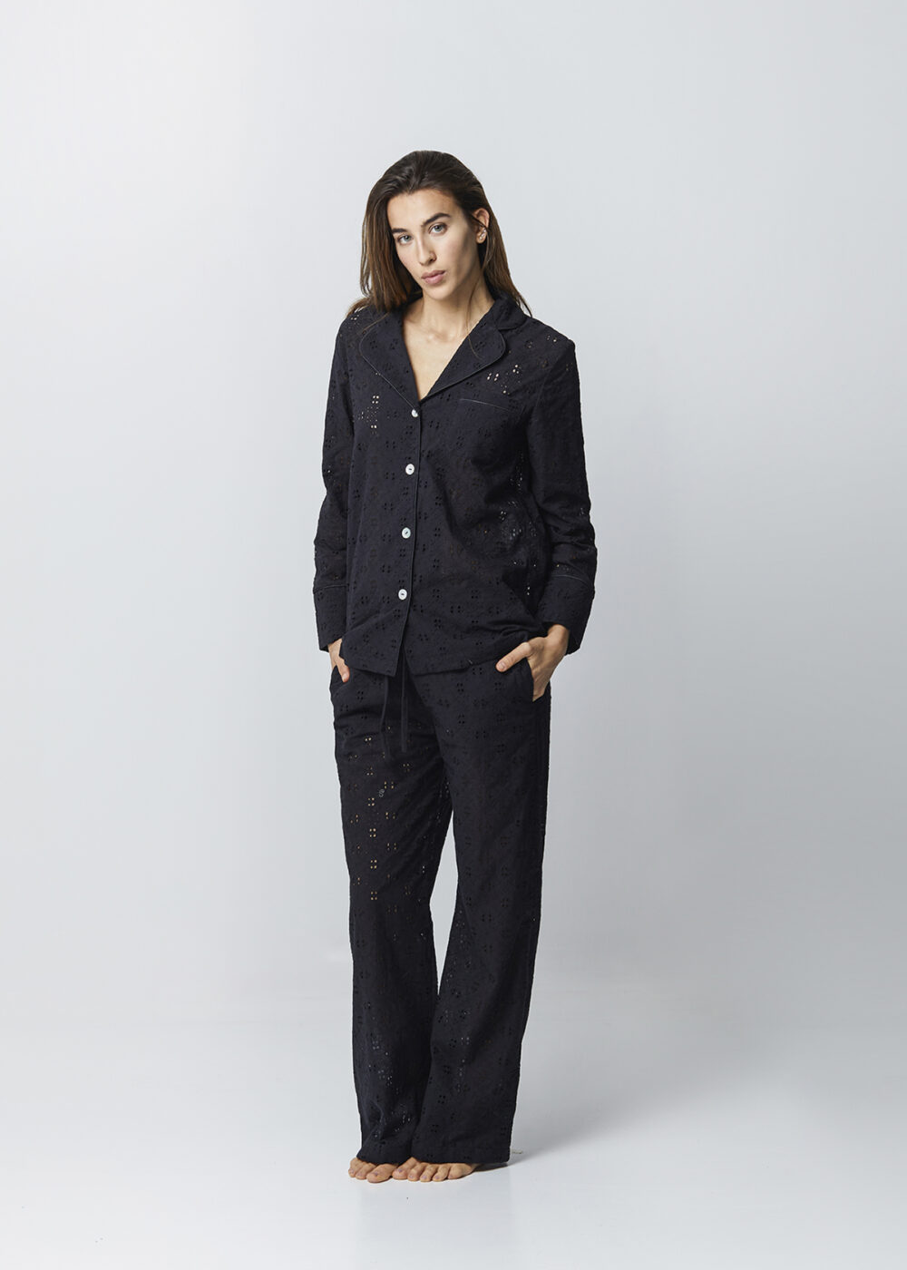 Pigiama donna lungo sangallo nero 100% cotone