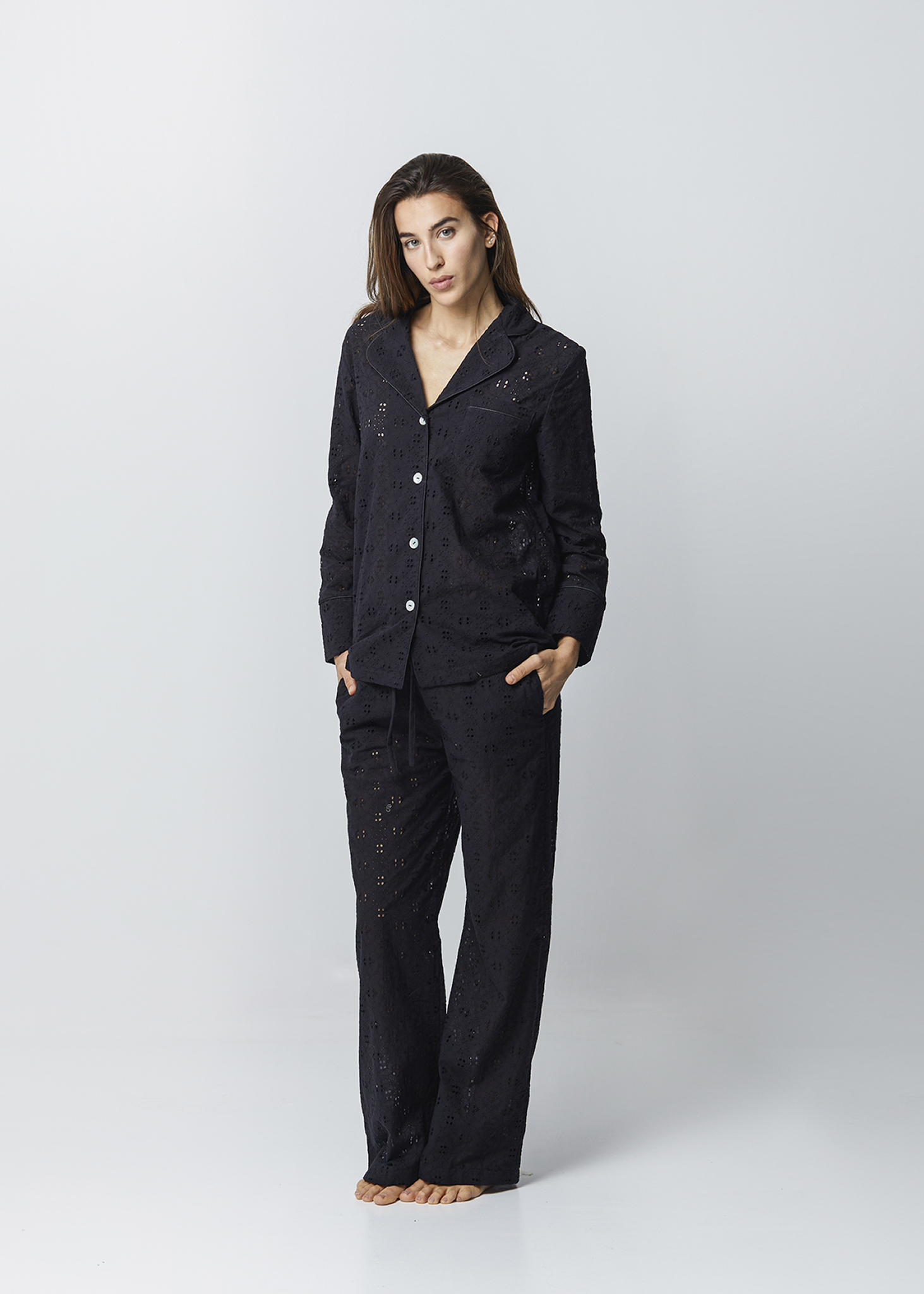 Pigiama donna lungo sangallo nero 100% cotone