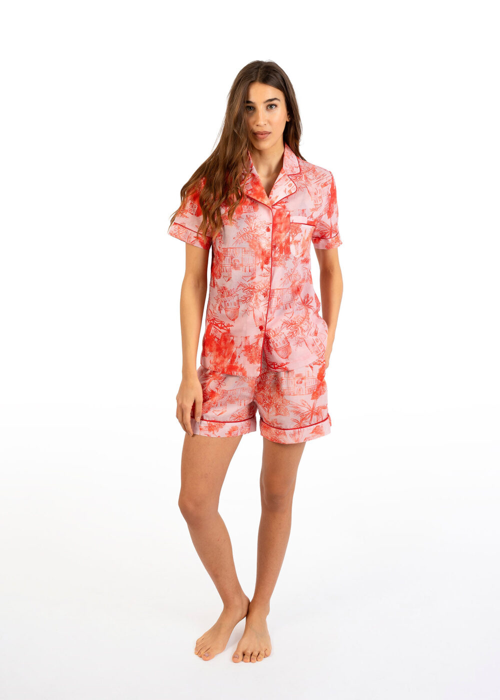 Pigiama donna Nabali in cotone con fantasia rossa e rosa chiaro, leggero e traspirante Made in Italy