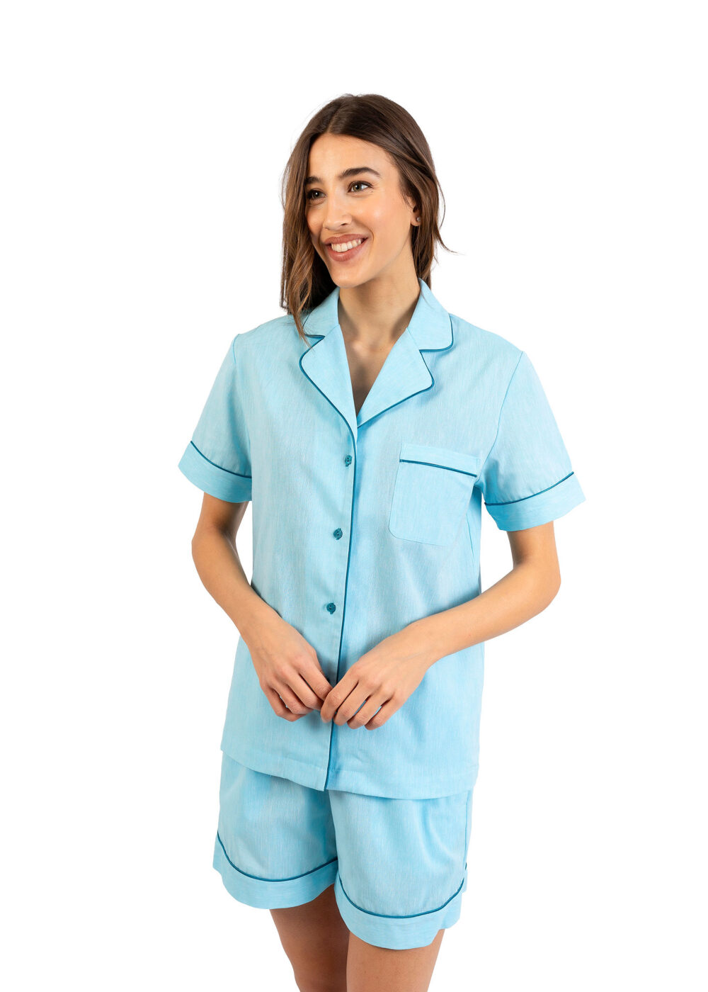 Pigiama corto donna Nabali in cotone azzurro tinta unita, leggero e traspirante Made in Italy