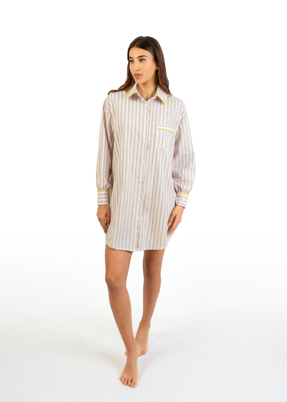 Camicione donna Nabali in cotone a righe gialle e rosa, leggero, morbido e confortevole Made in Italy