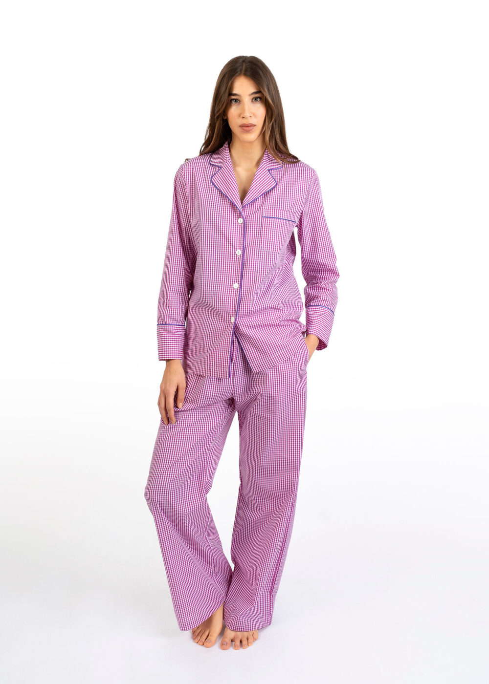 Pigiama lungo donna Nabali a quadretti fucsia e bianco in cotone, morbido e confortevole Made in Italy