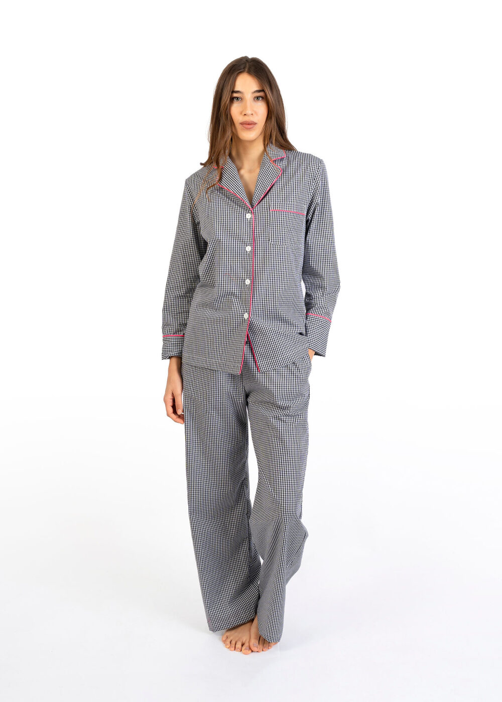 Pigiama lungo donna Nabali a quadretti bianco e nero in cotone, morbido e traspirante Made in Italy