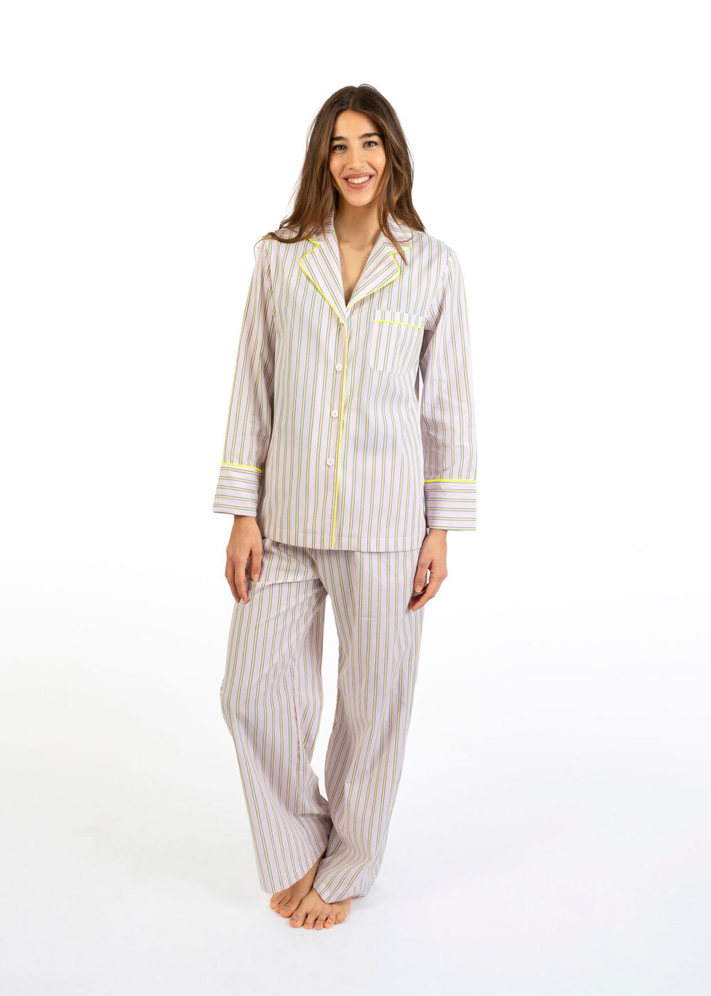 Pigiama lungo donna Nabali in cotone a righe rosa e giallo, leggero e traspirante Made in Italy