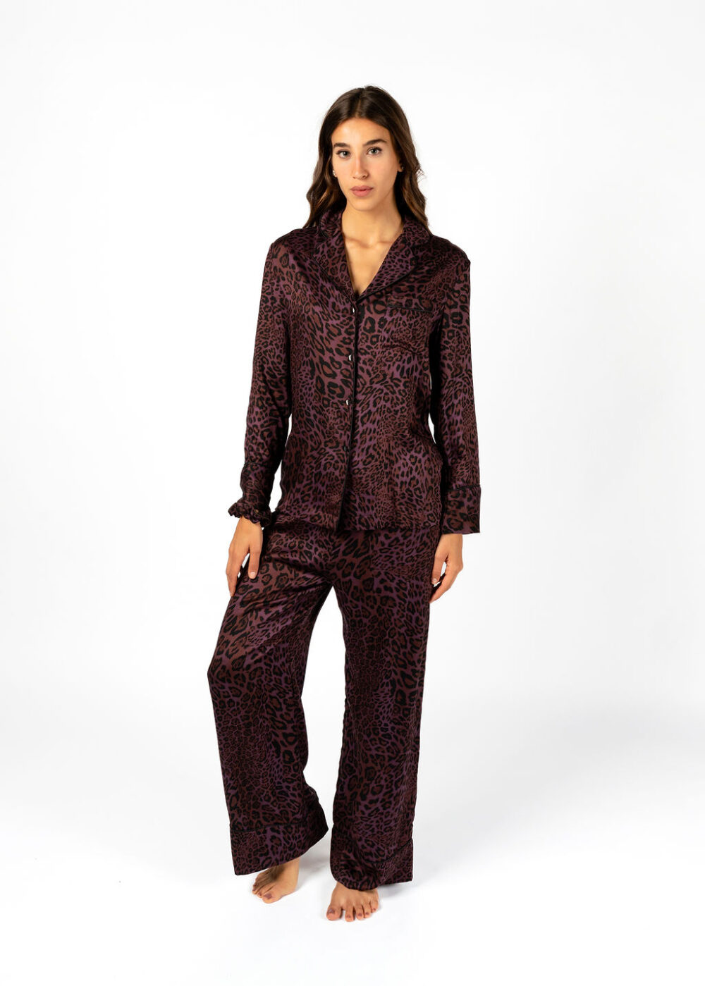 Pigiama Alessandra con fantasia animalier blu, camicia e pantalone